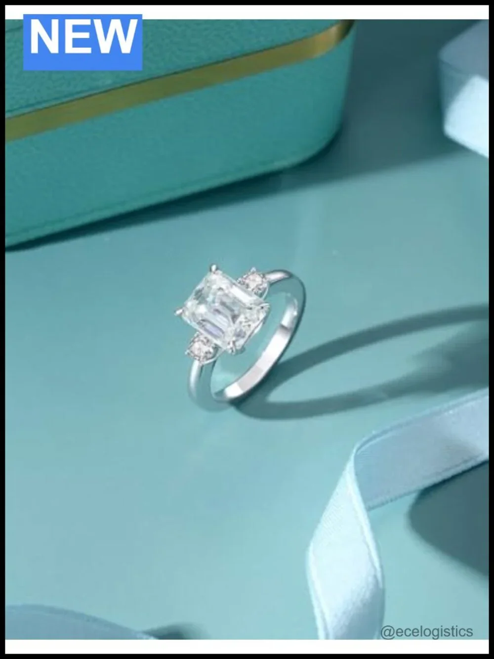 Emerald Cut Moissanite 3 Stone Engagement Ring S925 Sterling Silver 18K White